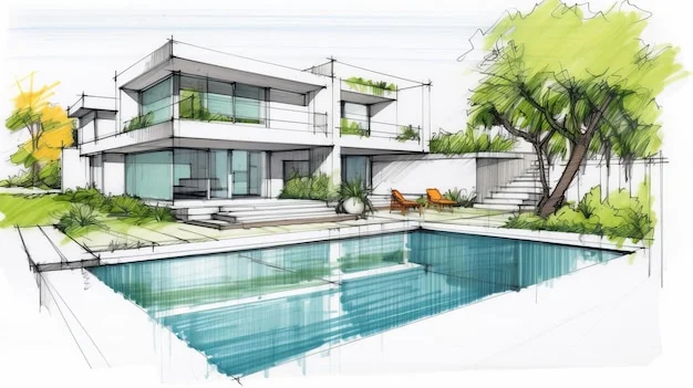 Dibujo a mano alzada de un diseño de Aquanur con una piscina exterior sin cascada de agua - Construcción y rehabilitación de piscinas en Salamanca.